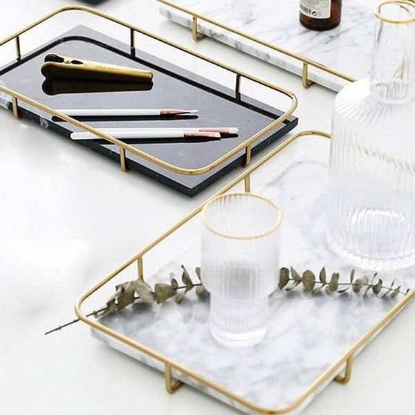 Marble Cover Tray for Cosmetics and Vanity with Gold Handles.