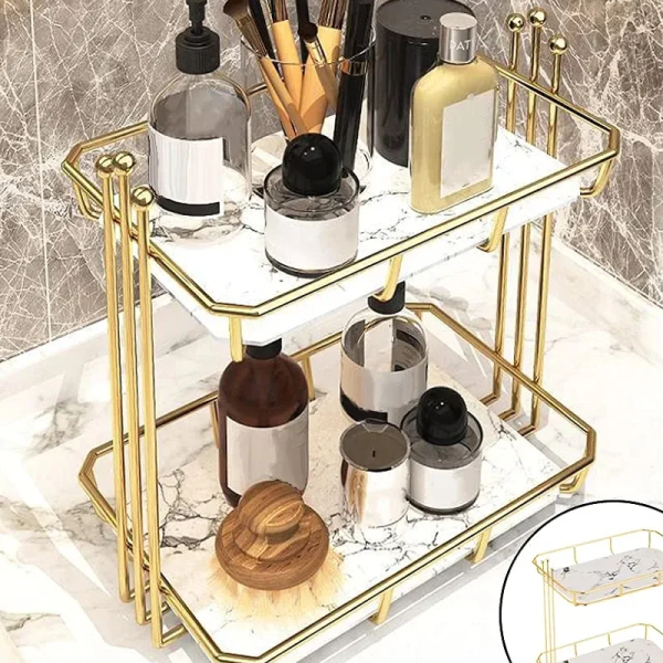 Cosmetic storage transparent makeup organizer 2 tier glass trays.