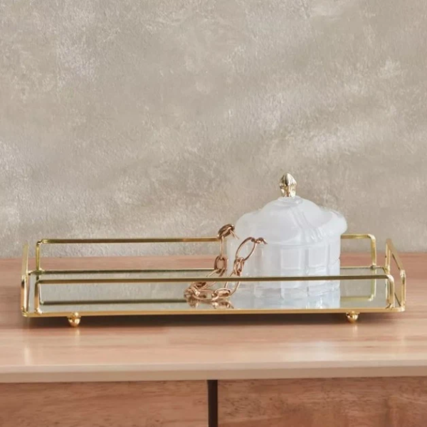 Cosmetics Organizer Tray With Mirror for Vanity with Gold Handle