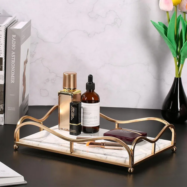 Display Makeup lipstick perfume jewlery Golden Glass Mirror Tray.